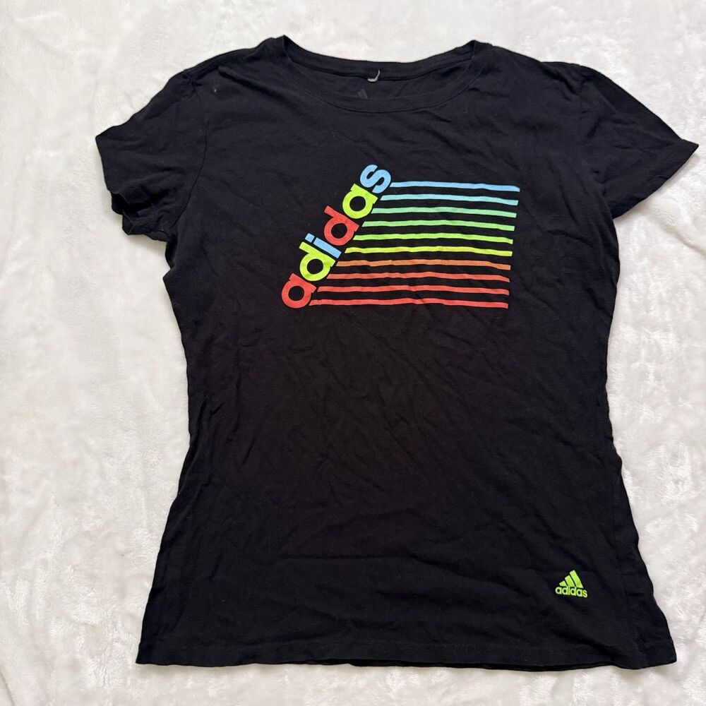 adidas Womens Black Multicolor Logo Crew Neck Short Sleeve Cotton Tee - XS